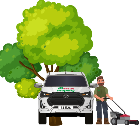 Tree, truck and man with lawnmower